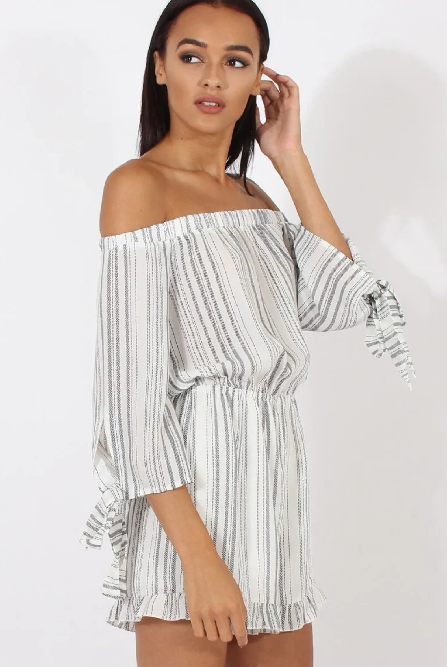 Rebellious Fashion White Stripe Pattern Bardot Playsuit - Katherine