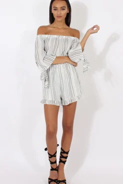 Rebellious Fashion White Stripe Pattern Bardot Playsuit - Katherine