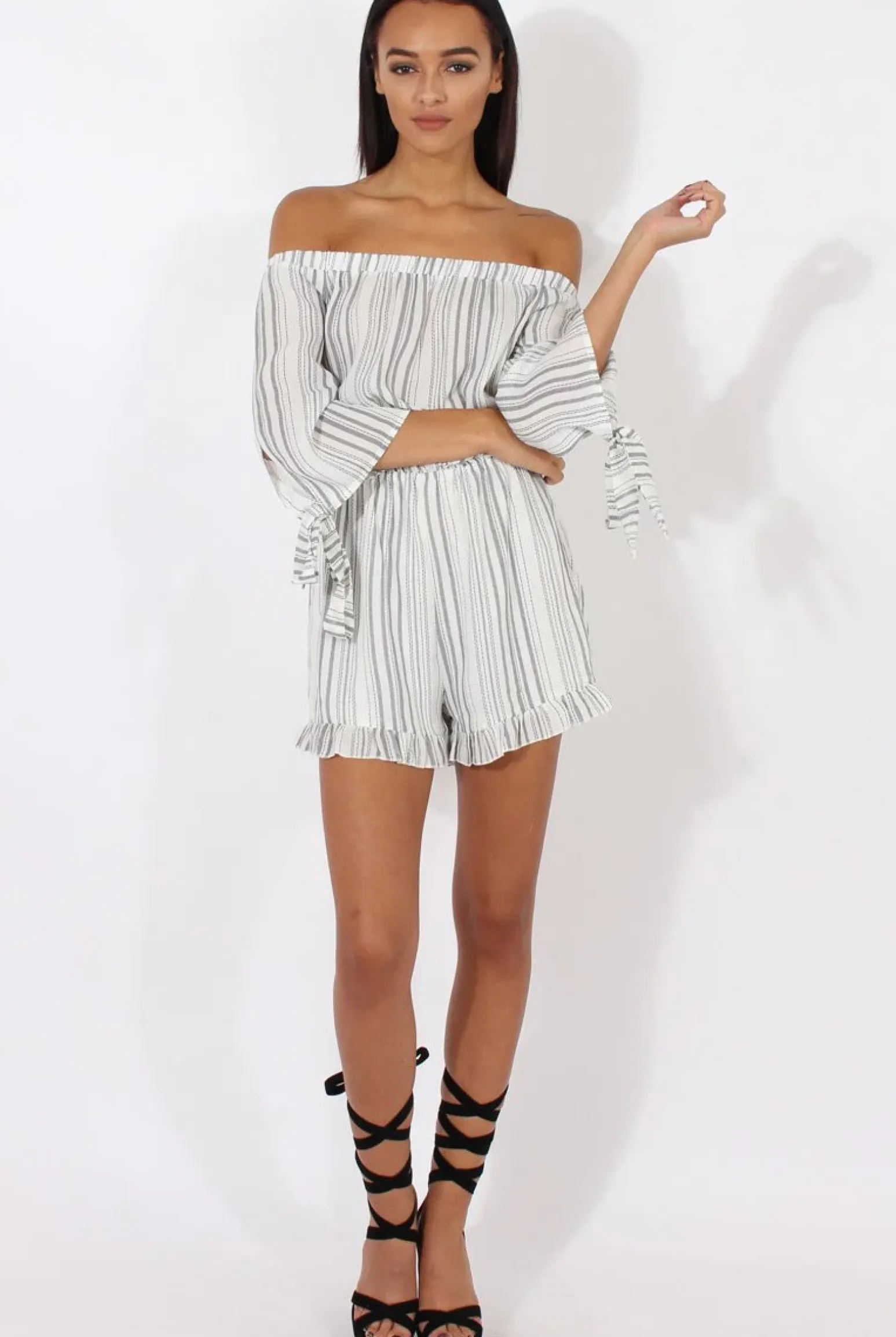 Rebellious Fashion White Stripe Pattern Bardot Playsuit - Katherine