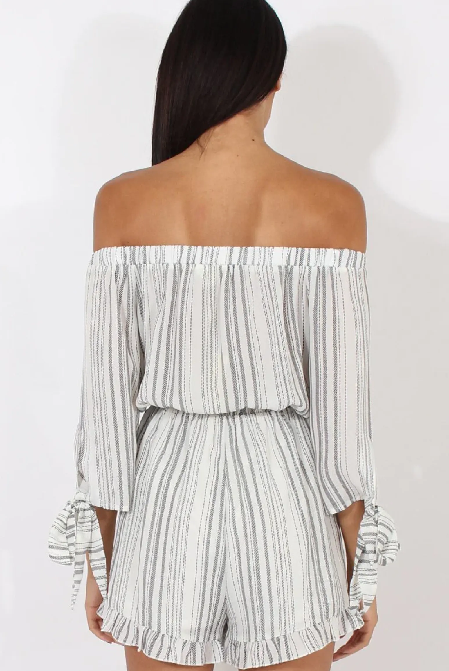 Rebellious Fashion White Stripe Pattern Bardot Playsuit - Katherine