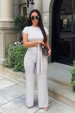 Rebellious Fashion White Stripe Rib Tie Front Top Wide Leg Trouser Co-Ord - Lottie