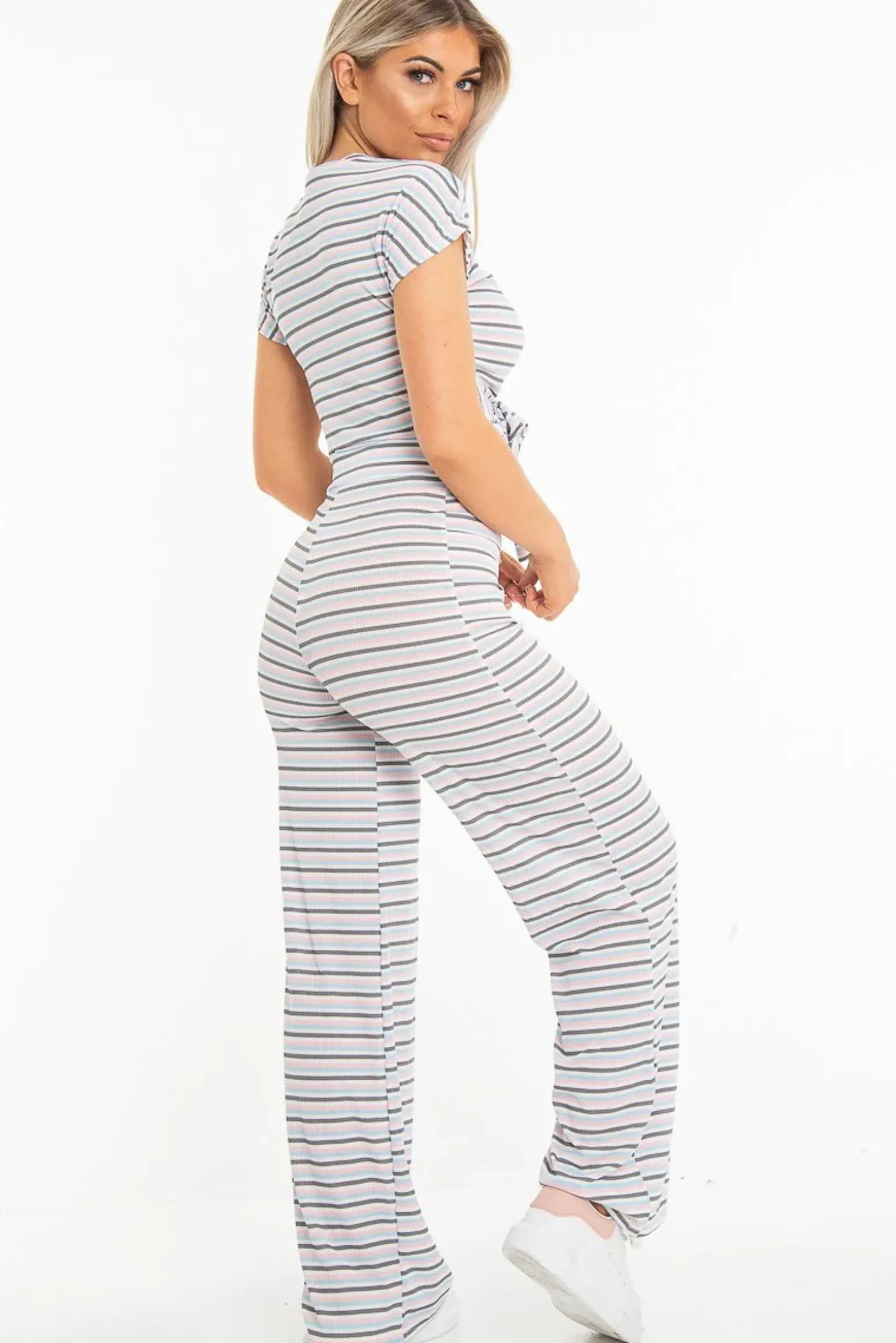 Rebellious Fashion White Stripe Rib Tie Front Top Wide Leg Trouser Co-Ord - Lottie