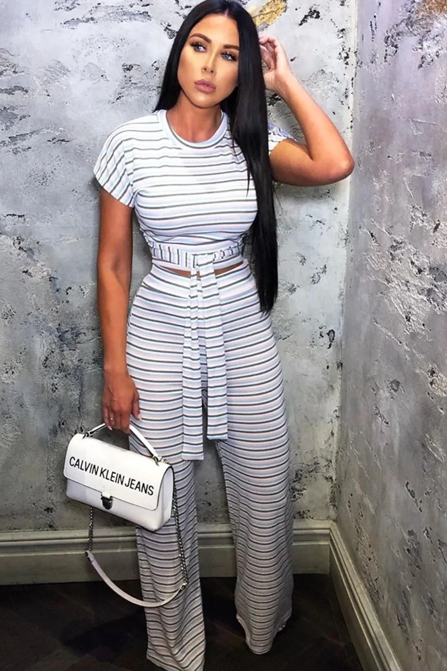 Rebellious Fashion White Stripe Rib Tie Front Top Wide Leg Trouser Co-Ord - Lottie