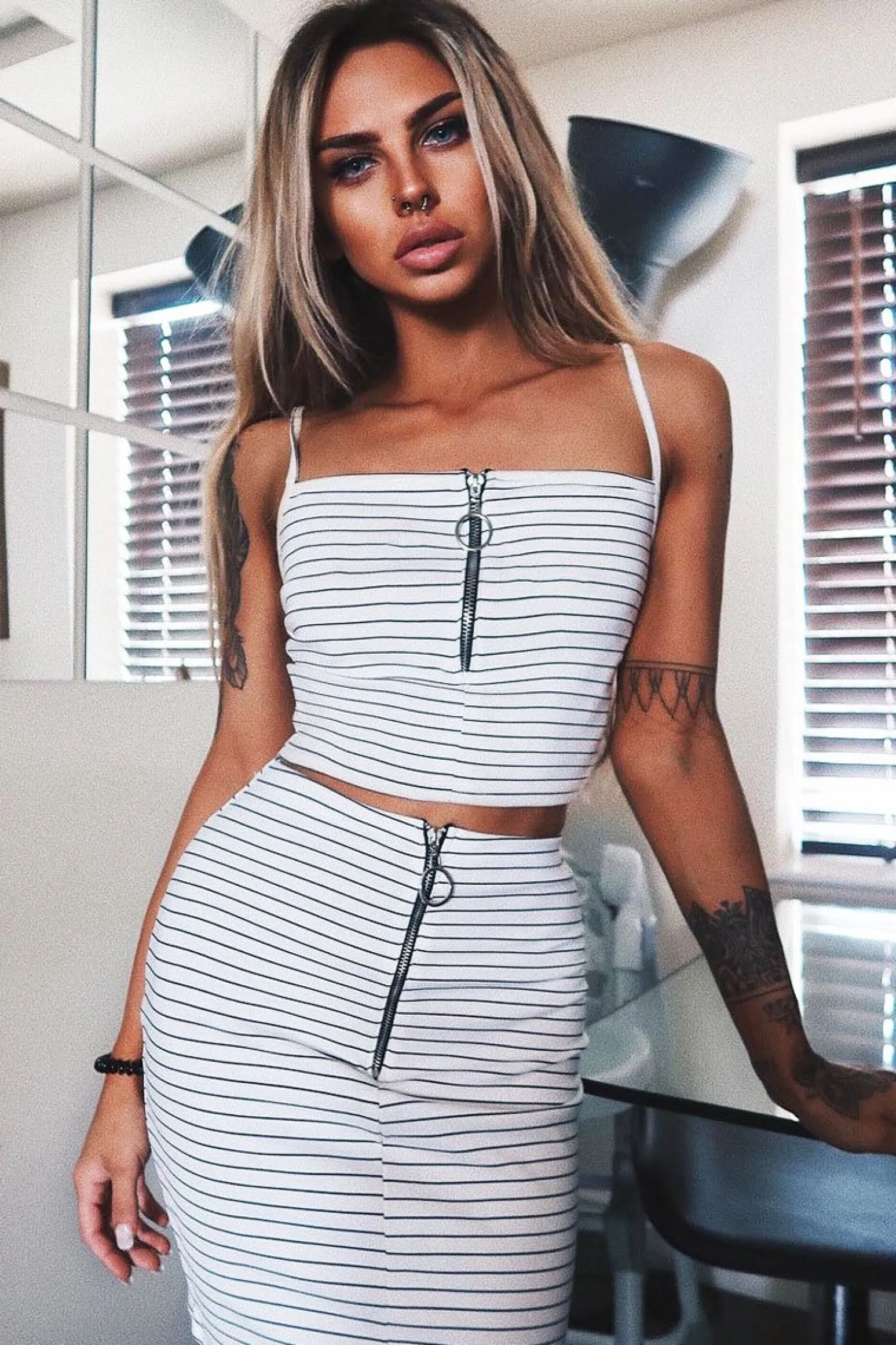 Rebellious Fashion White Stripe Ring Zip Front Mini Skirt And Bralet - Rosi