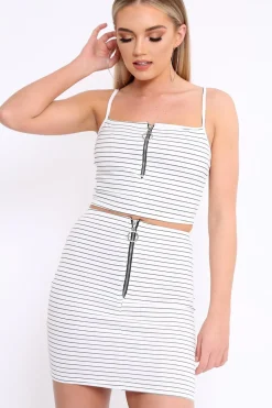 Rebellious Fashion White Stripe Ring Zip Front Mini Skirt And Bralet - Rosi