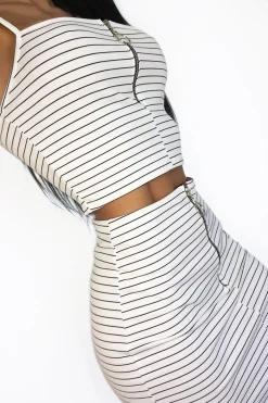Rebellious Fashion White Stripe Ring Zip Front Mini Skirt And Bralet - Rosi