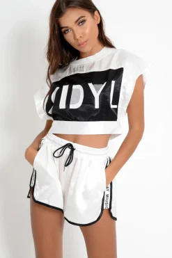 Rebellious Fashion White Stripe Shiny Crop Top And Shorts - Kahri