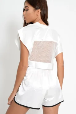 Rebellious Fashion White Stripe Shiny Crop Top And Shorts - Kahri