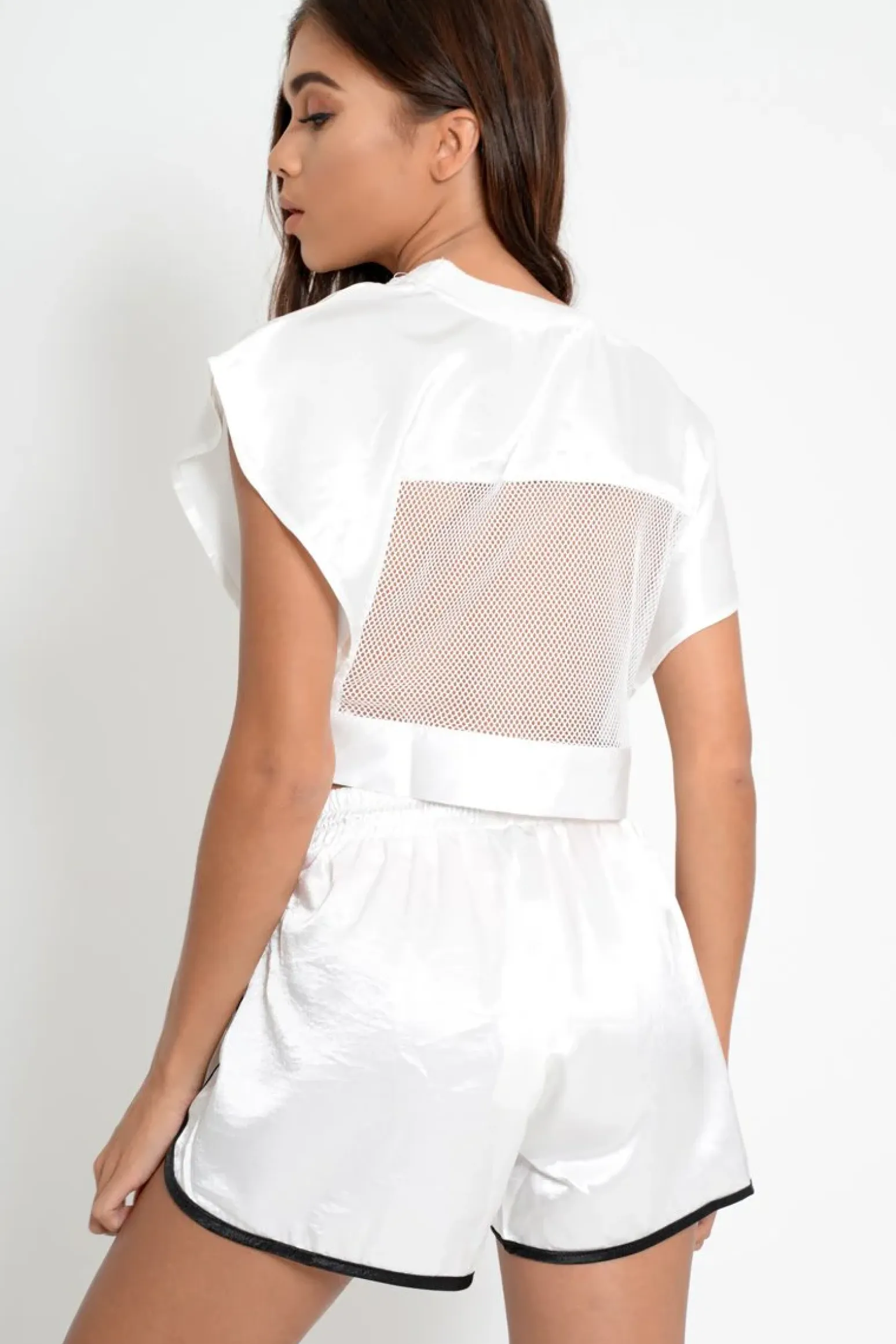 Rebellious Fashion White Stripe Shiny Crop Top And Shorts - Kahri