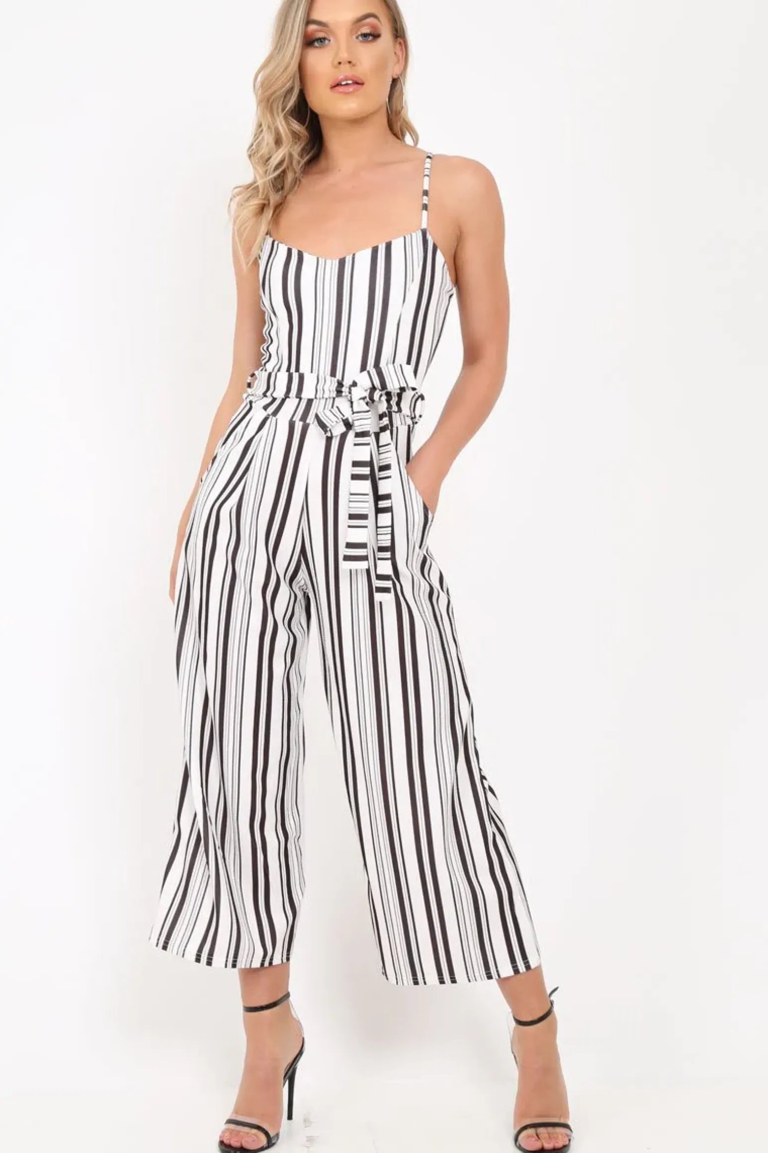 Rebellious Fashion White Stripe Tie Waist Jumpsuit - Jakai