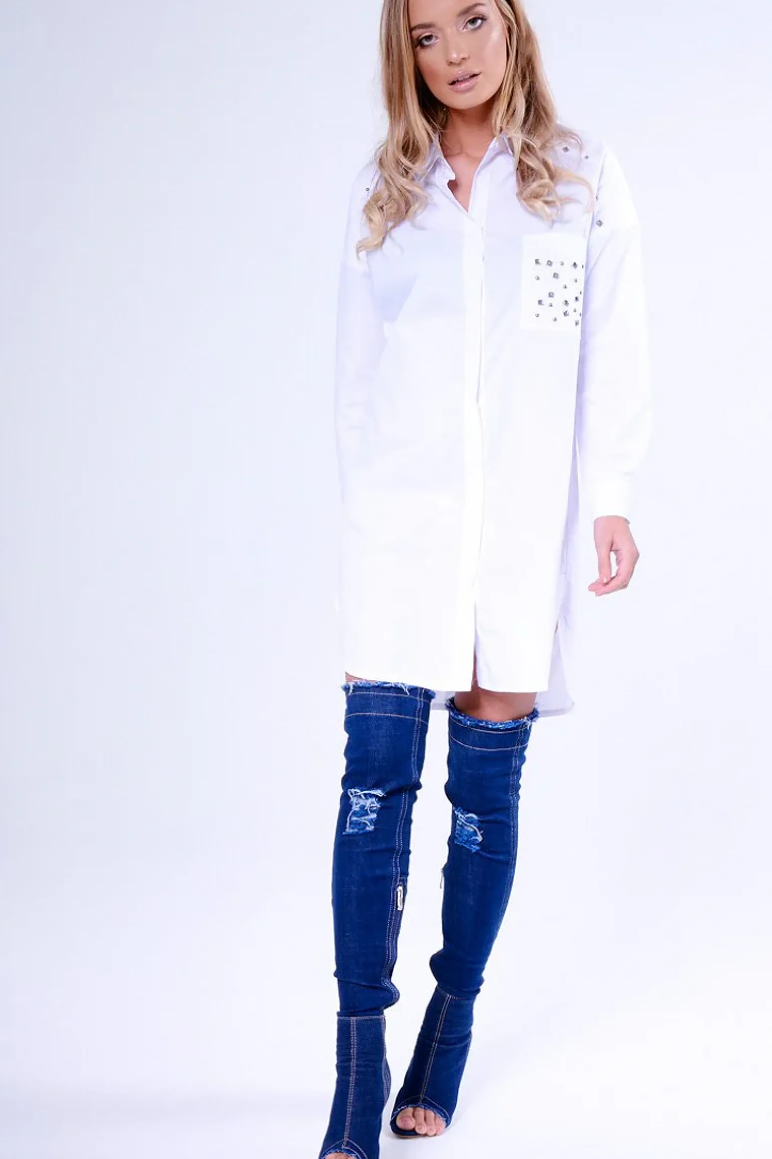 Rebellious Fashion White Stud Detail Oversized Shirt Dress - Ivona