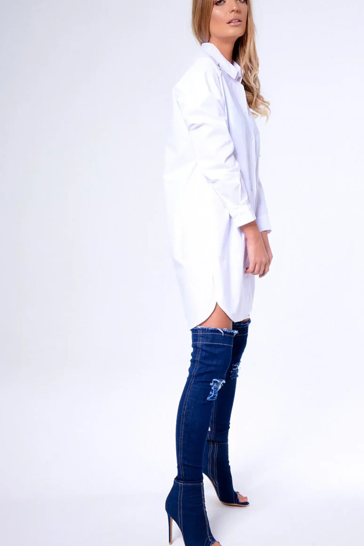 Rebellious Fashion White Stud Detail Oversized Shirt Dress - Ivona