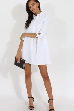 Rebellious Fashion White Suede Tie Cuff Oversized Shirt Dress - Deborah