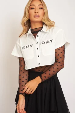 Rebellious Fashion White Sunday Slogan Cropped Shirt - Blaike