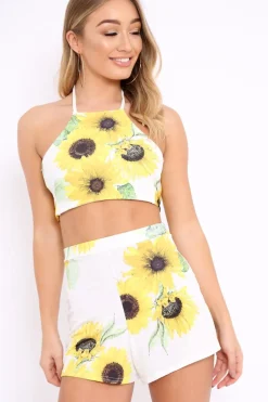 Rebellious Fashion White Sunflower Print Halterneck Top and Shorts Co-ord - Abbygail
