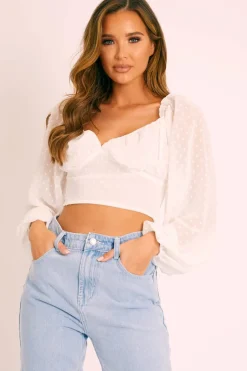Rebellious Fashion White Swiss Dot Frill Trim Crop Top - Mena