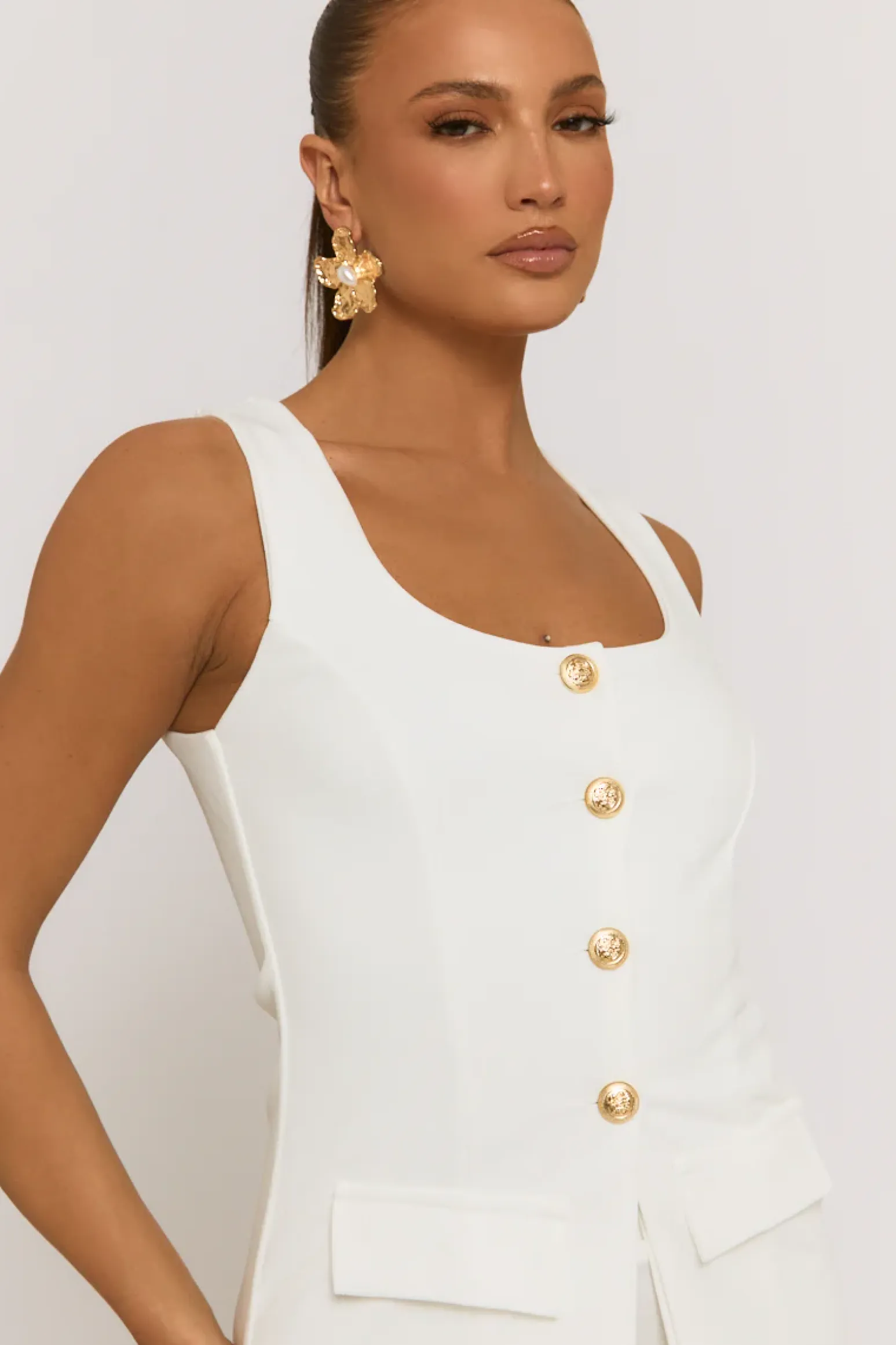 Rebellious Fashion White Tailored Waistcoat and Skirt Co-ord Set - Louella