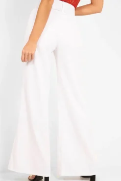 Rebellious Fashion White Tailored Wide Leg Belted Trousers - Chenelle