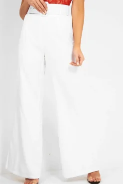 Rebellious Fashion White Tailored Wide Leg Belted Trousers - Chenelle