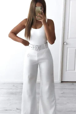 Rebellious Fashion White Tailored Wide Leg Belted Trousers - Chenelle