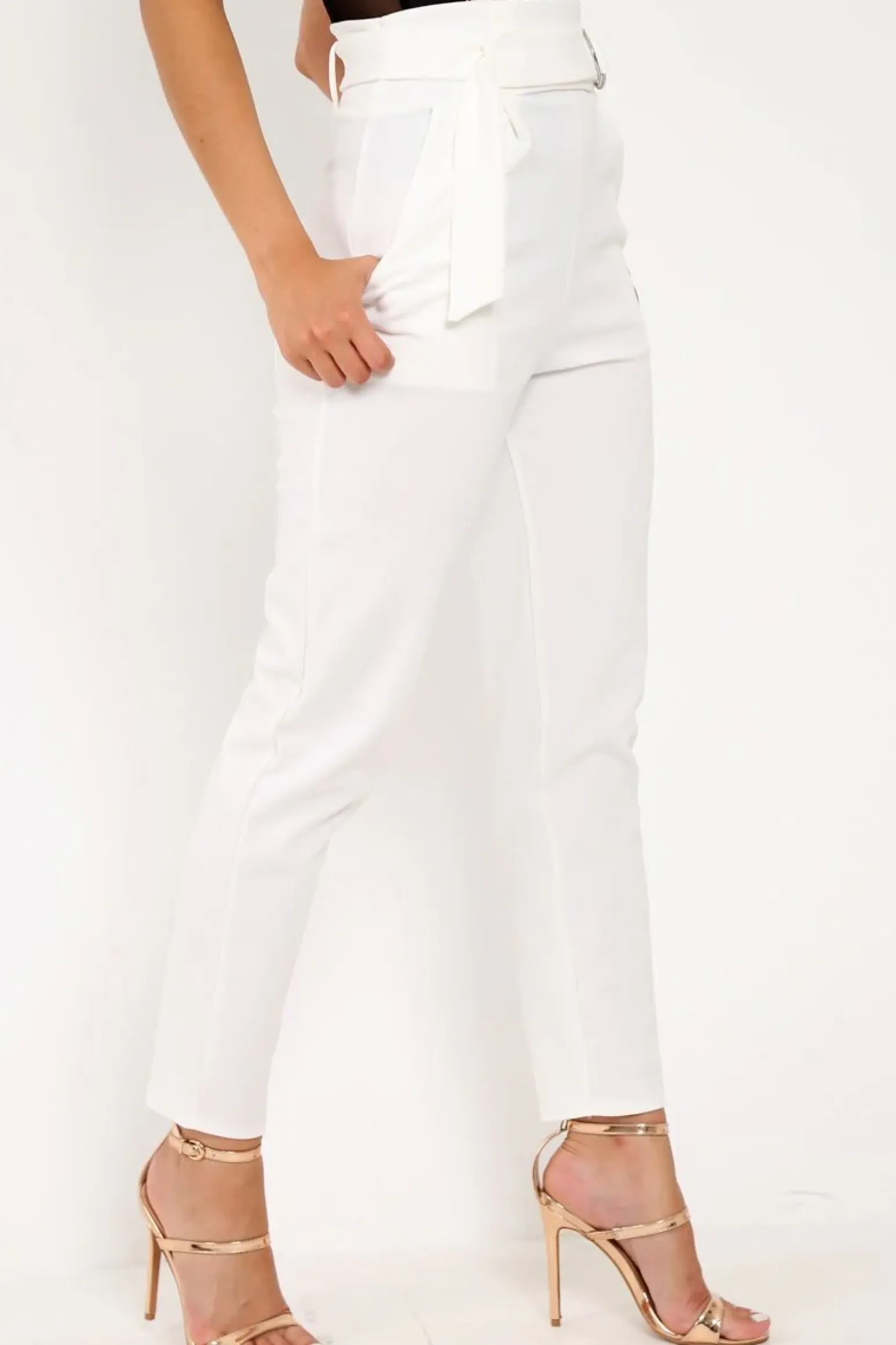 Rebellious Fashion White Tapered Belted Cigarette Trousers - Myasia