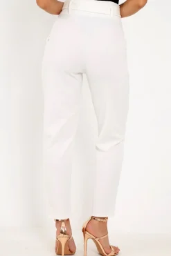 Rebellious Fashion White Tapered Belted Cigarette Trousers - Myasia