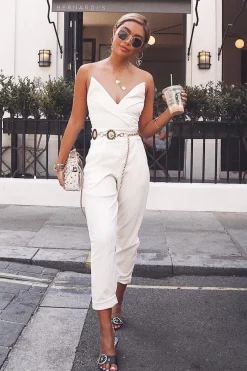 Rebellious Fashion White Tapered Belted Cigarette Trousers - Myasia