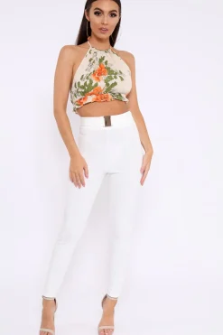 Rebellious Fashion White Tapered Trousers With Gold Buckle - Zyana