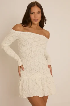Rebellious Fashion White Textured Bardot Mini Dress - Dominique
