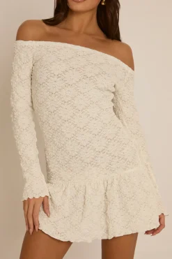 Rebellious Fashion White Textured Bardot Mini Dress - Dominique