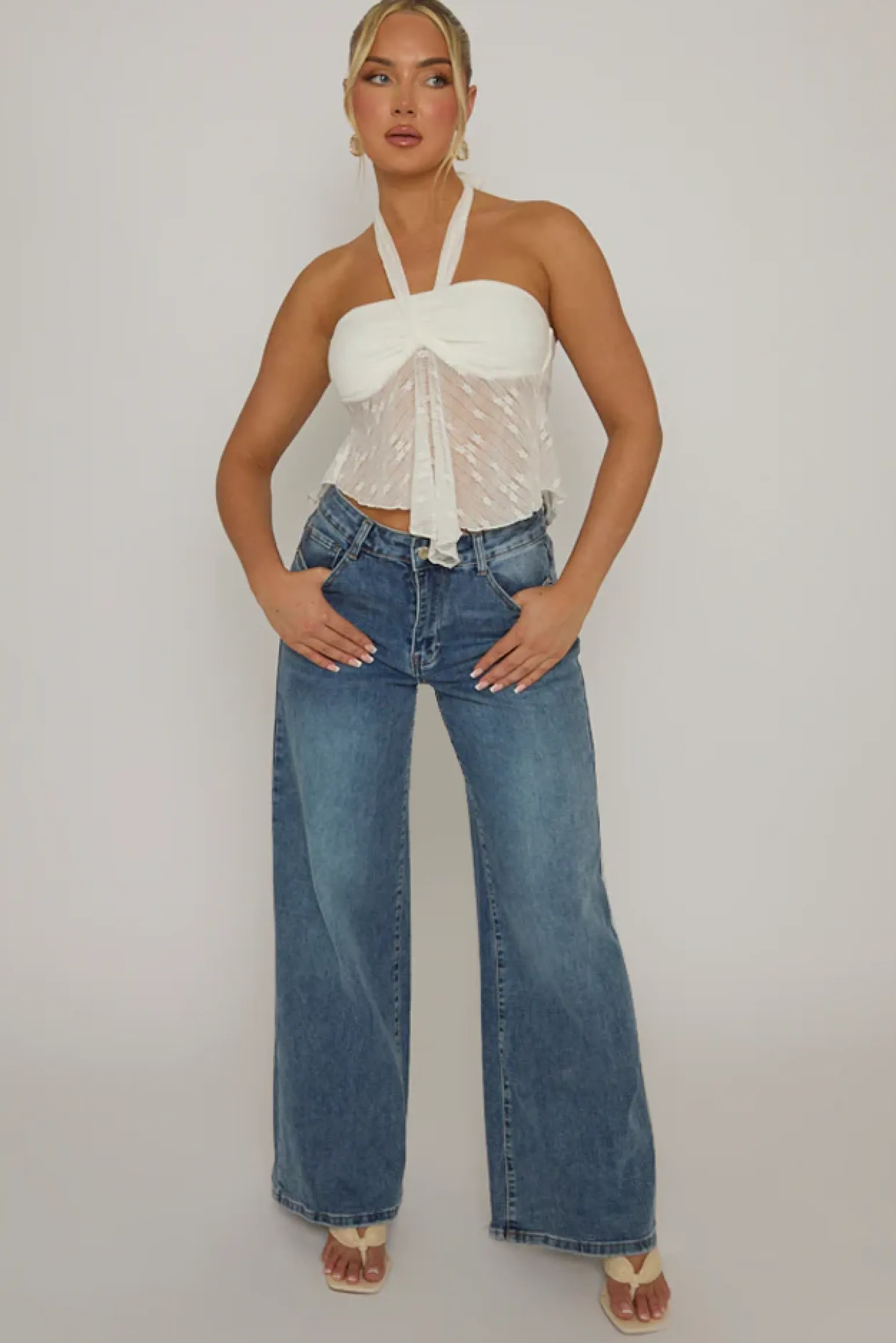 Rebellious Fashion White Textured Halterneck Cami Top - Martina