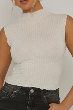 Rebellious Fashion White Textured High Neck Top - Greta