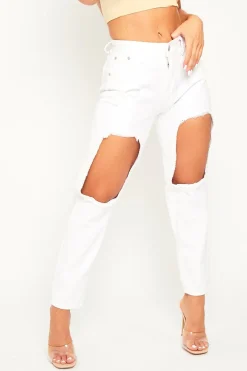 Rebellious Fashion White Thigh Rip Mom Jeans - Ellisen