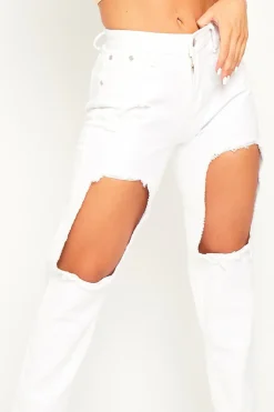 Rebellious Fashion White Thigh Rip Mom Jeans - Ellisen