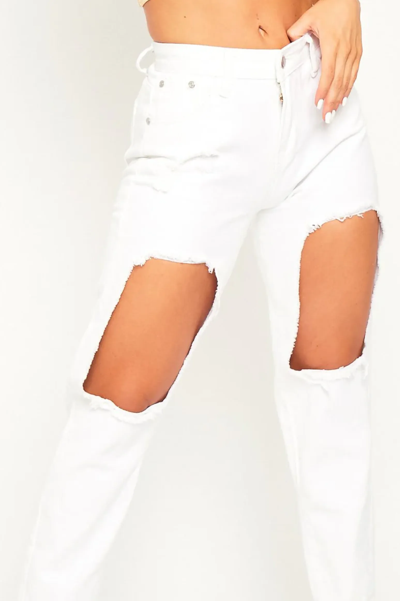 Rebellious Fashion White Thigh Rip Mom Jeans - Ellisen