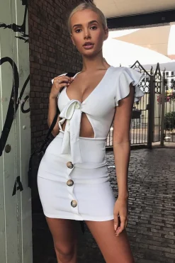 Rebellious Fashion White Tie Button Front Bodycon Dress - Aaira