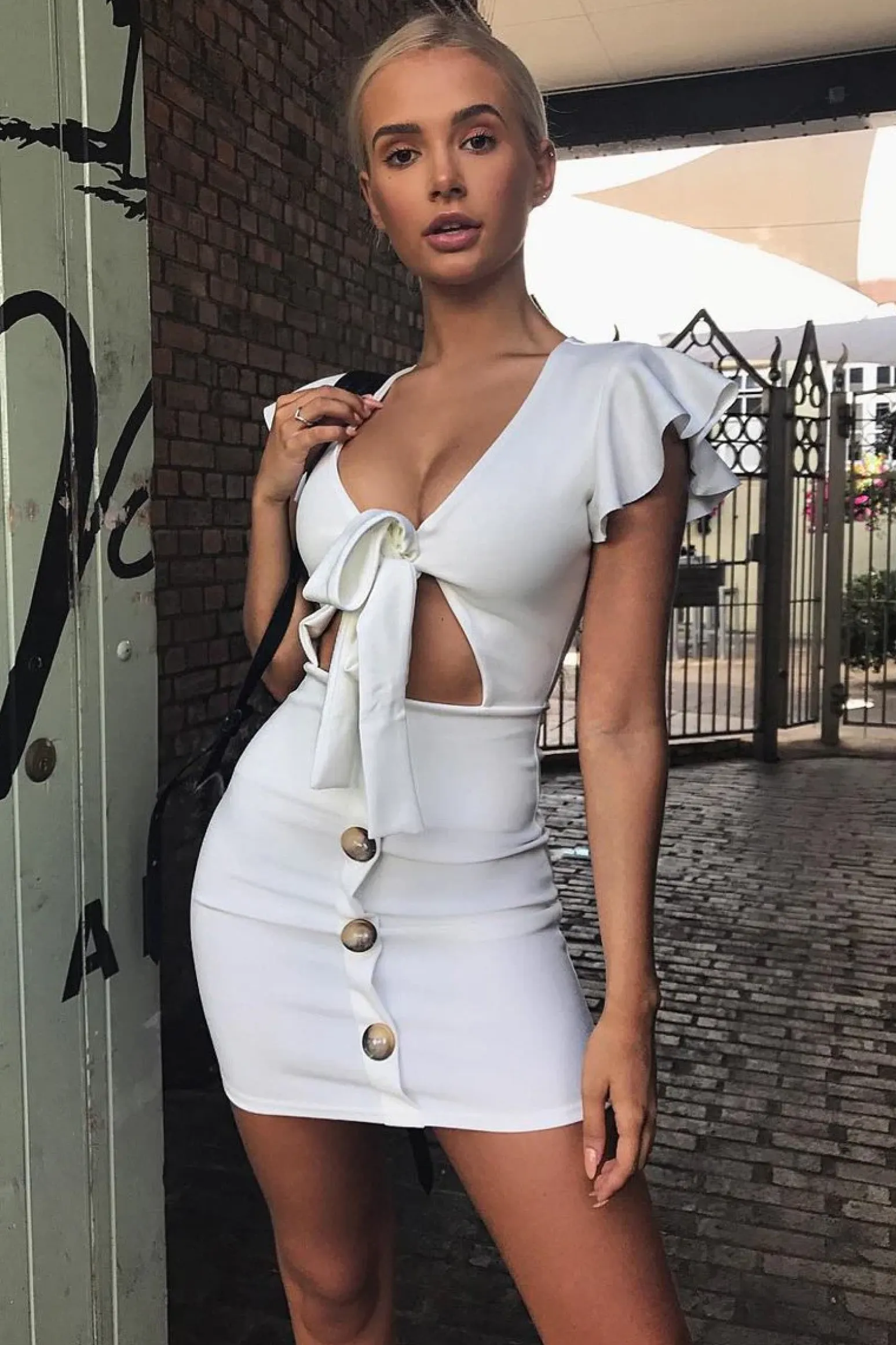 Rebellious Fashion White Tie Button Front Bodycon Dress - Aaira