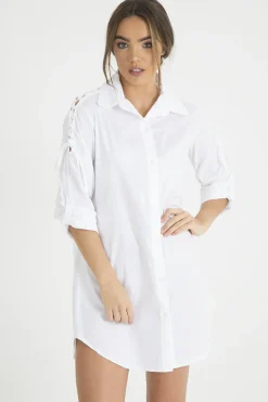 Rebellious Fashion White Tied Shoulder Oversized Shirt Dress - Helen
