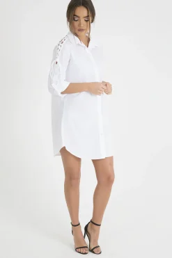 Rebellious Fashion White Tied Shoulder Oversized Shirt Dress - Helen
