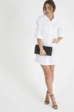 Rebellious Fashion White Tied Shoulder Oversized Shirt Dress - Helen