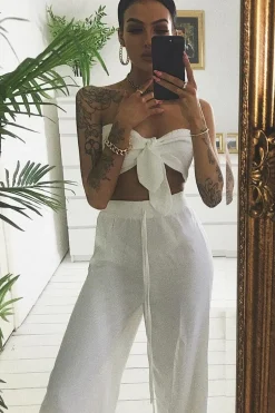 Rebellious Fashion White Tie Front Bandeau Wide Leg Trouser Co-Ord - Roselia
