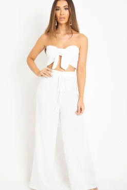 Rebellious Fashion White Tie Front Bandeau Wide Leg Trouser Co-Ord - Roselia