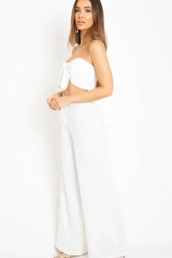 Rebellious Fashion White Tie Front Bandeau Wide Leg Trouser Co-Ord - Roselia