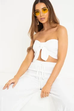 Rebellious Fashion White Tie Front Bandeau Wide Leg Trouser Co-Ord - Roselia