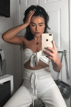 Rebellious Fashion White Tie Front Bandeau Wide Leg Trouser Co-Ord - Roselia