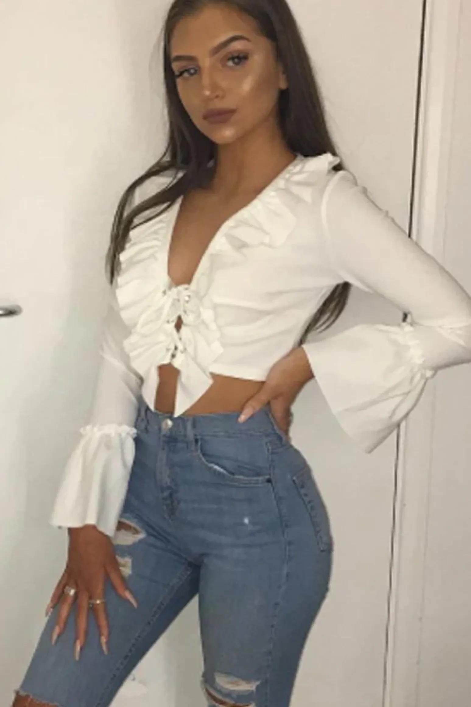 Rebellious Fashion White Tie Front Bell Sleeve Crop Top - Angelina