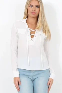 Rebellious Fashion White Tie Front Blouse - Becky