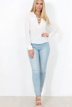 Rebellious Fashion White Tie Front Blouse - Becky