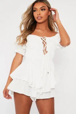 Rebellious Fashion White Tie Front Frill Detail Bardot Playsuit - Cera
