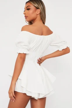 Rebellious Fashion White Tie Front Frill Detail Bardot Playsuit - Cera